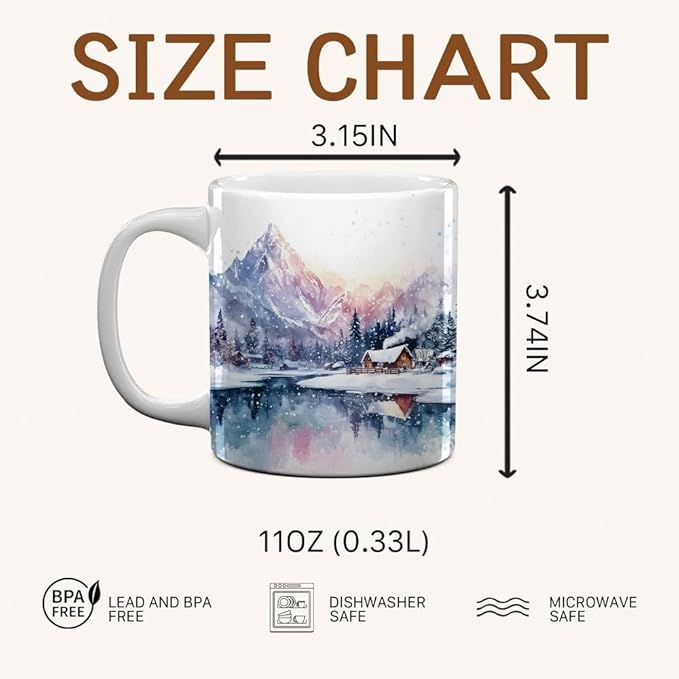Winter Mountain Coffee Mug - Mountain Lover Mugs Gifts for Women Men - Birthday, Christmas Gift for Friend Mom Dad Wife Husband - Watercolor Printed 11oz Ceramic Mug