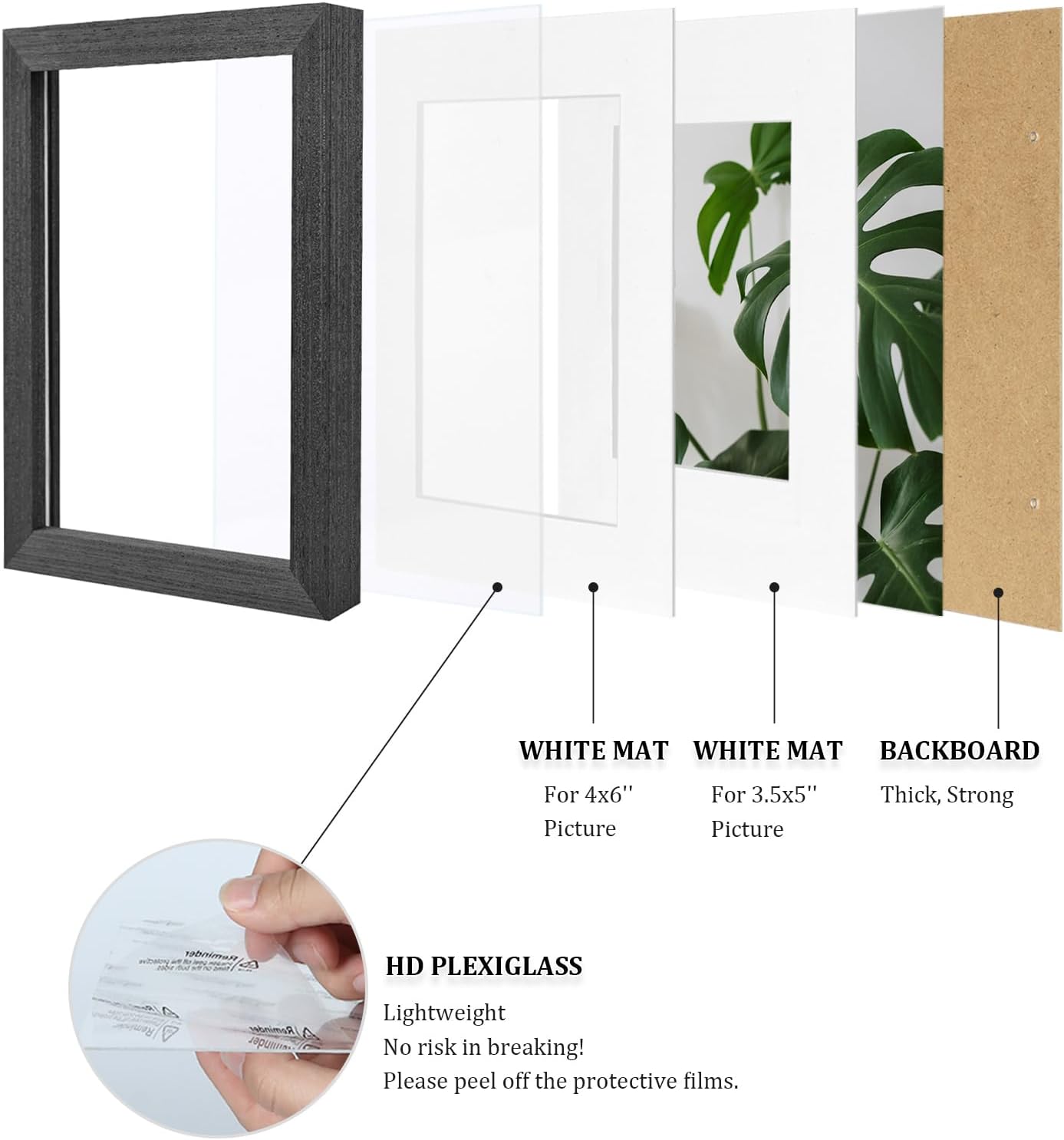 Egofine 4x6 Picture Frames Set of 4, Made of Solid Wood Covered by Plexiglass 3.5x5 with Mat or 4x6 without Mat, for Table Top Display and Wall Mounting Photo Frame Rustic Black