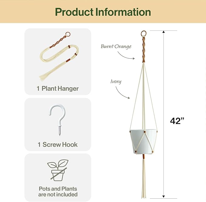 Macrame Plant Hanger Polyester Rope 42 Inch Outdoor Indoor Adjustable Hanging Planter for up to 10 Inch Plant Pot Modern Boho Home Decor (1, Ivory/Burnt Orange)