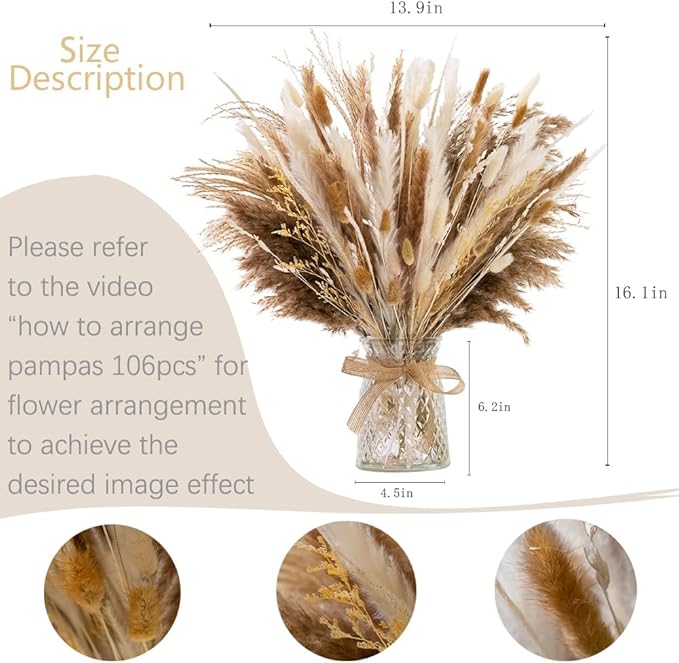 106pcs Natural Dried Pampas Grass Decor with Vase Artificial Flowers in Vase Boho Home Decor Bouquet Bunny Tails Dried Flowers, Reed Grass Bouquet for Wedding Floral Arrangements (106pcs)