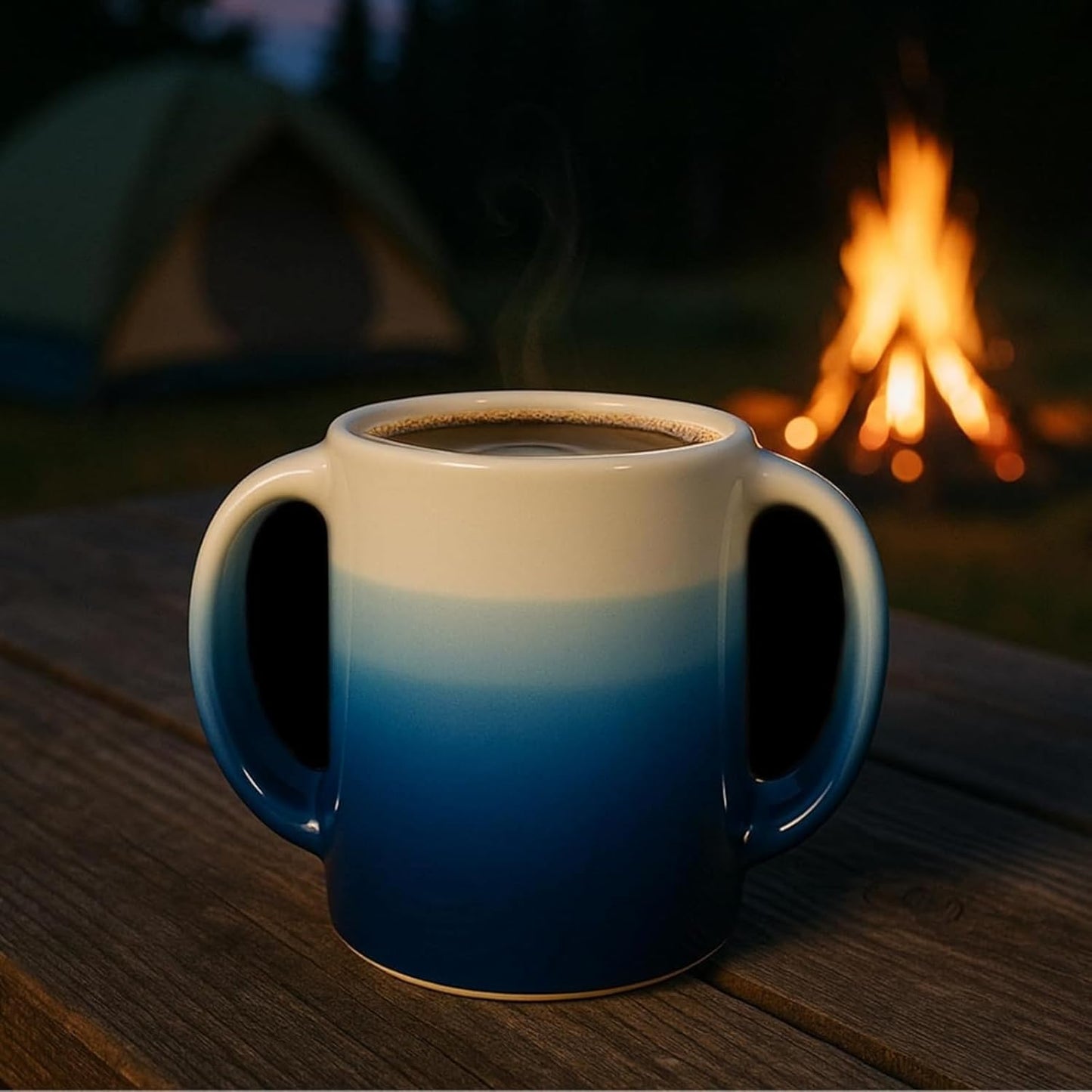 Double Hand Warmer Mug, Handmade Pottery - Handwarmer Contoured Pockets for Both Hands will Hold Warmth From The Heat Of Your Drink To Keep Your Fingers Warm, Comfy Blue - Perfect Winter Gift!