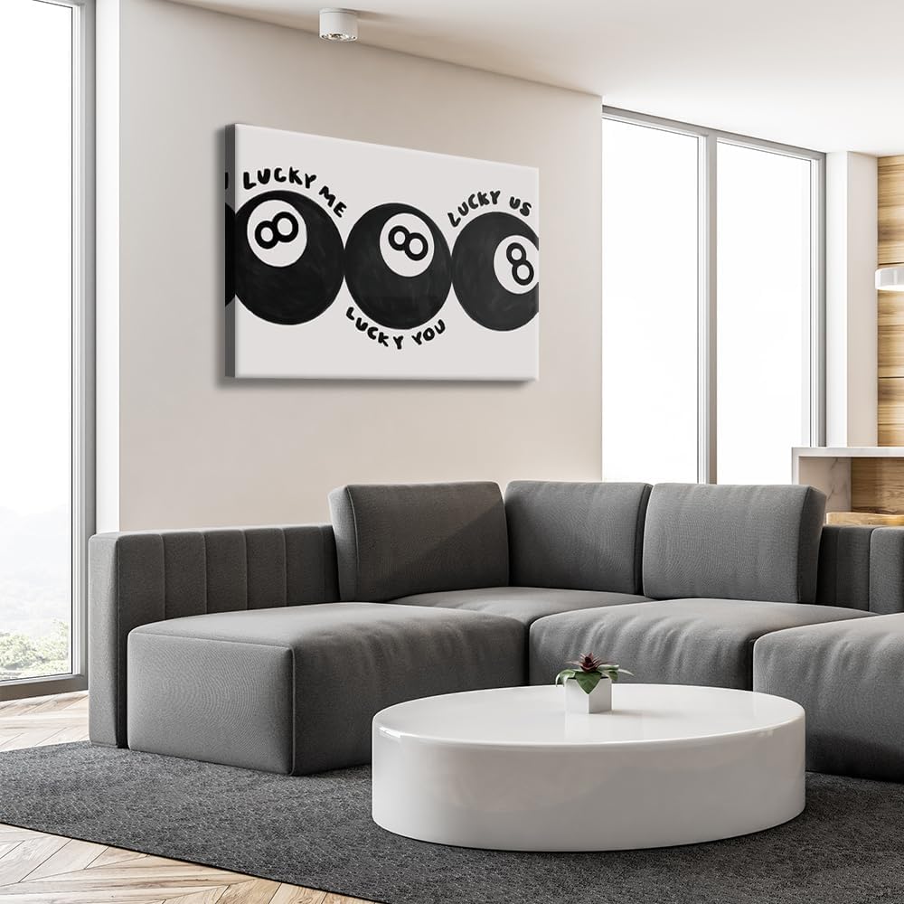 Lucky Me Lucky You Lucky Us Quote Cool Canvas Wall Art Vintage Black 8 Balls Poster Playful Billiards Print Paintings Trendy Aesthetic Pictures Decor for Home Game Room Bar Cart 20x30inch Framed