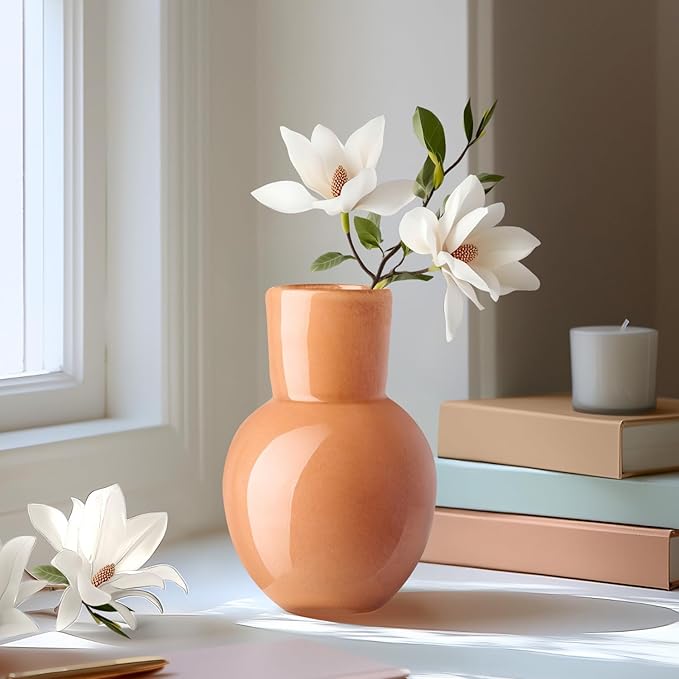 Torre & Tagus 6" Mouth Blown Art Glass Vase for Flowers - Apricot Orange Small Table Vase & Handmade Small Orange Accent as Cozy Home Decor, Neutral Bud Vases for Decorative Shelf Decor or Wedding
