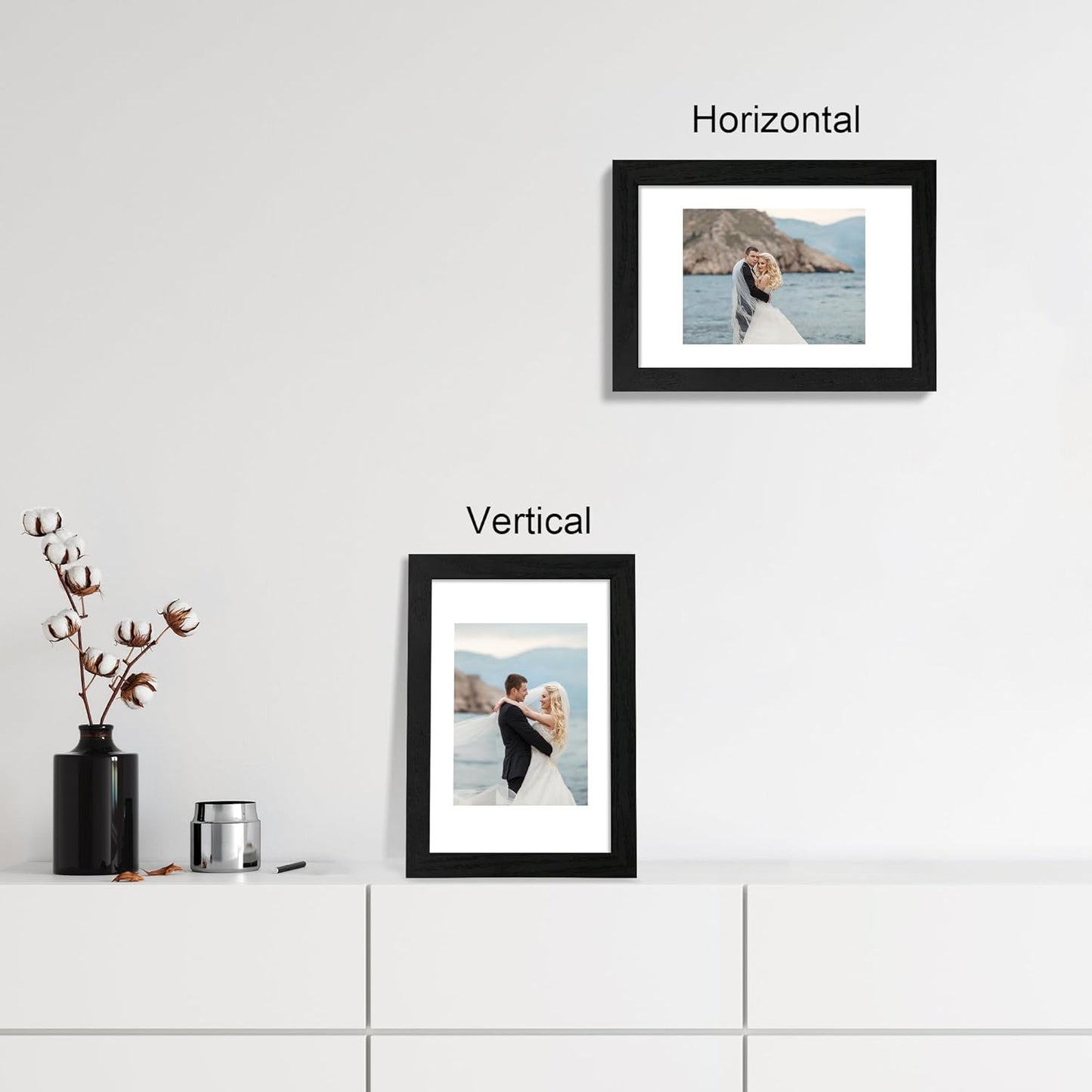 iRahmen 8x12 Picture Frame Set of 4 with HD Glass, Black Frame Display 6x8 Picture with Mat or 8 x 12 Without Mat, Wood Rustic Photo Frame for Tabletop and Wall Mounting