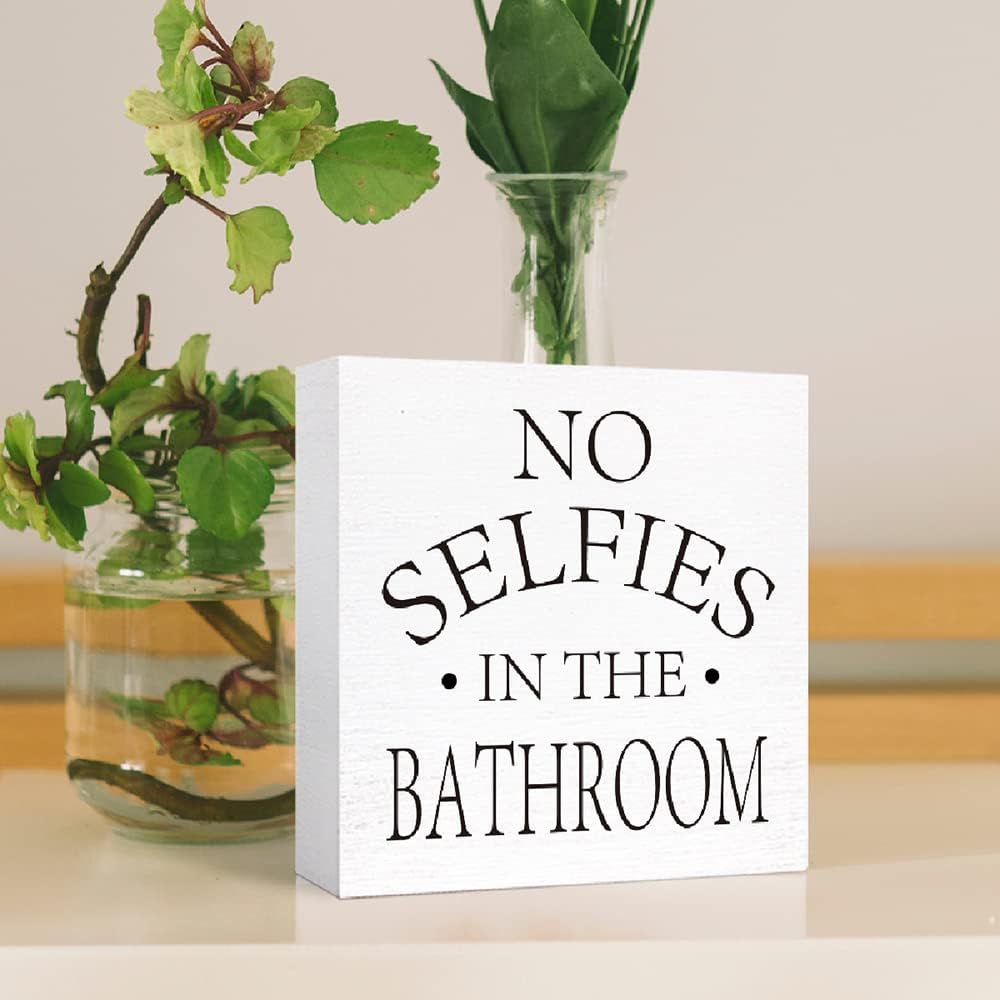 Funny Wood Sign - No Selfies in the Bathroom | Wooden Block Sign for Bathroom Shelf, Toilet, Restroom, Home Tabletop Decor
