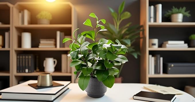 19" Artificial Ficus Plant in Textured Black Ceramic Planter Tall Faux Plant with Deep Green Leaves for Modern Home Office Shelf Bathroom Tabletop Indoor Decor