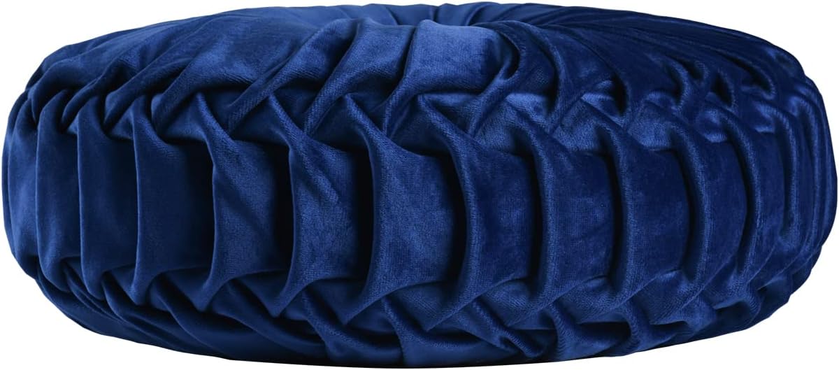 HIG Set of 2 Decorative Round Pleated Throw Pillows, Classy Accent Pumpkin Throw Pillows with Center Button, Vintage Velvet Floor Pillows for Sofa Couch Vanity Chair Bed, Navy, 14.5" Diameter(Ripple)