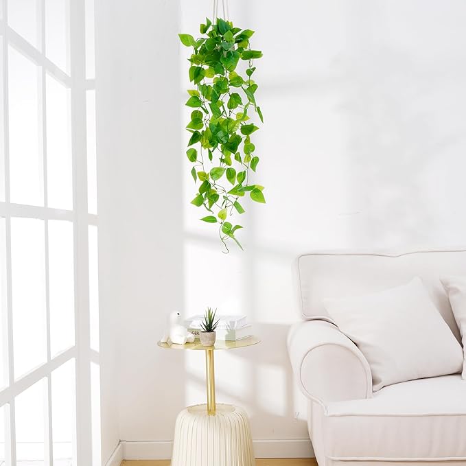 BLEUM CADE 1pcs Fake Hanging Plants Kit with Pot and Plant Hanger, Artificial Pothos Vines Hanging Potted Plant Greenery for Home Living Room Indoor Outdoor Decor