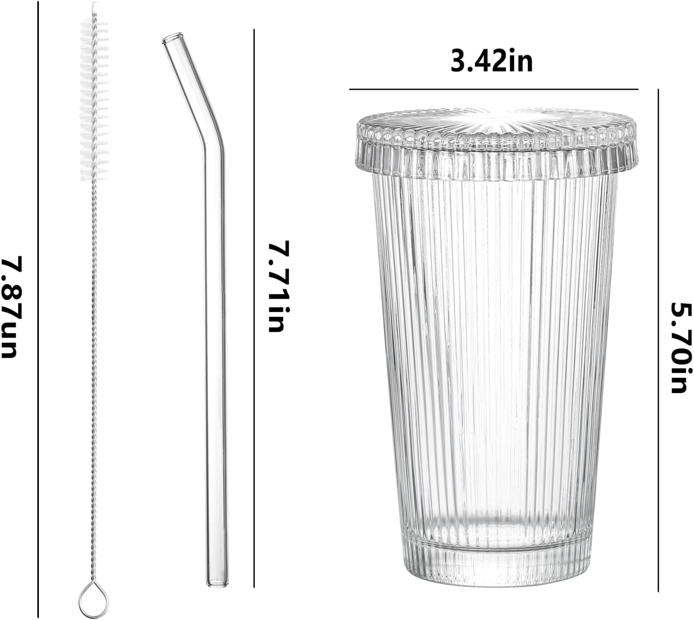 Drinking Glasses Set of 4,Ribbed Cocktail Glasses Set,Origami Style Water Glass Cups with Lids,Straws and 2 Straw Brushes for Iced Coffee, Juice,Smoothie