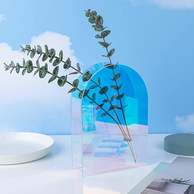 Iridescent Acrylic Vase for Artificial Flower Fake Eucalyptus Plant Leaves Office Home Decor Contemporary Tabletop Minimalist Geometric Mini Decoration Make Up Brushes Organizer Holder（RainbowShort）