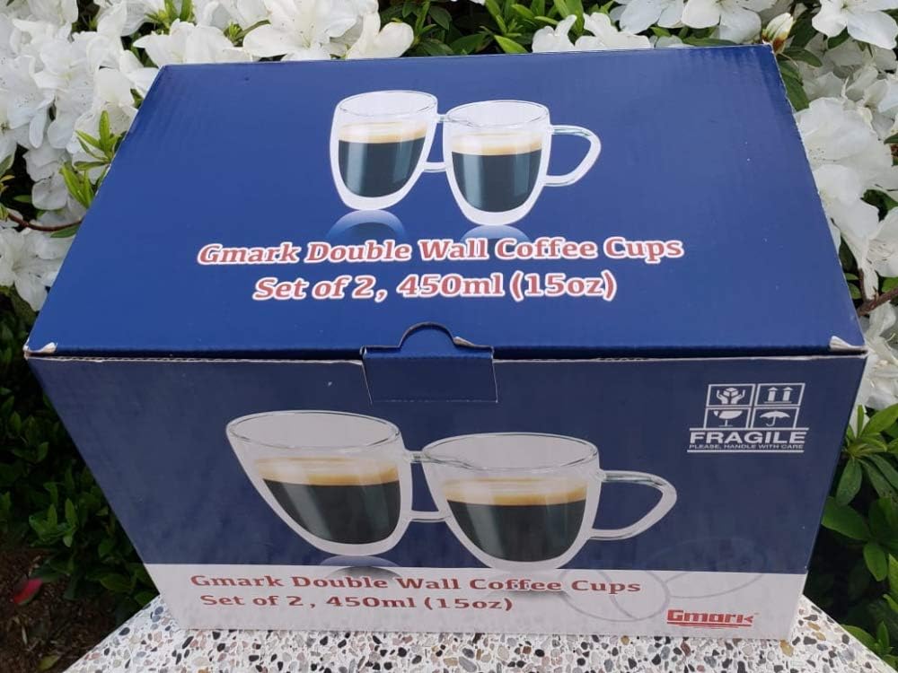 Gmark Large Coffee Mugs Set of 2 (15 oz), Double Wall Tumbler Glass Cup, Insulated Coffee Cups for Tea, Latte, Espresso, Juice, or Water GM2030