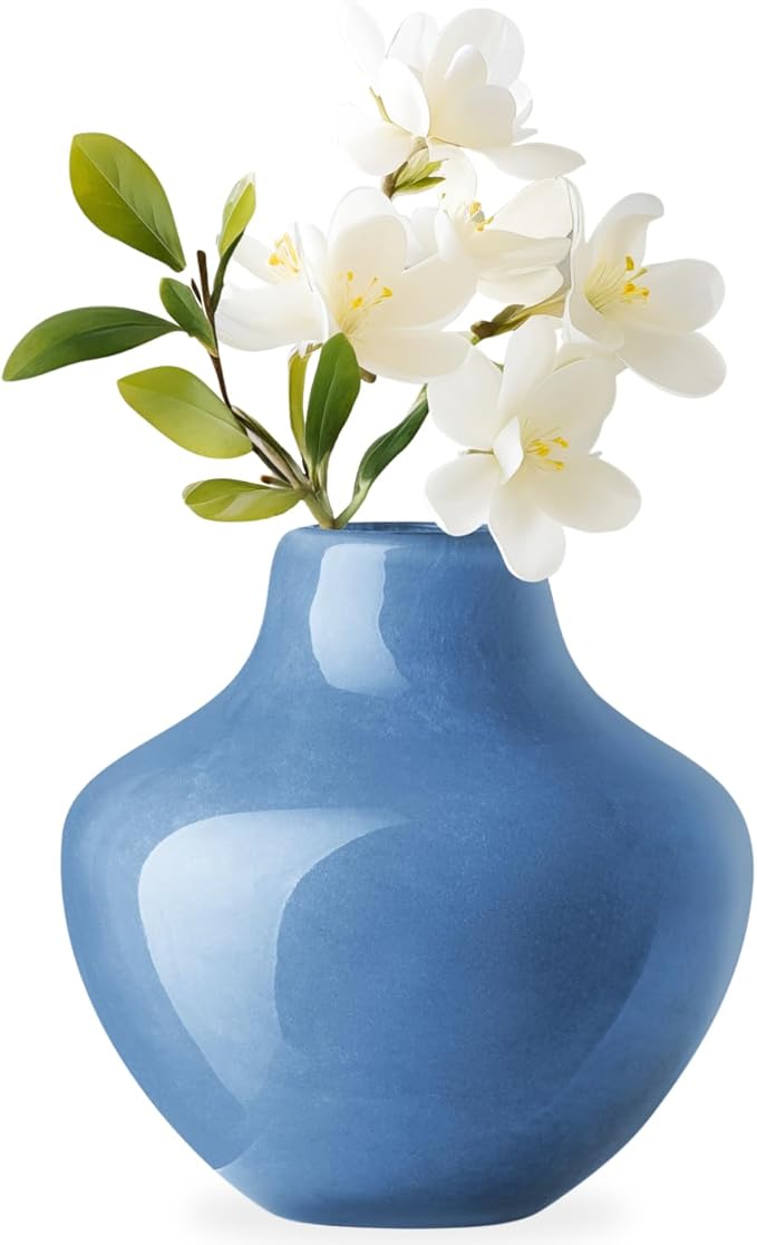 Torre & Tagus 4" Mouth Blown Art Glass Vase for Flowers - Opaque Blue Small Table Vase & Handmade Small Blue Accent for Coastal Home Decor, Neutral Bud Vases as Decorative Shelf Decor or Wedding