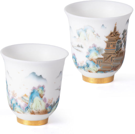 KAMMAK Ceramic Tea Cups Small, Cute Vintage Coffee Cup Set of 2, Porcelain Teacups Espresso Mug, 4.1oz Hand Painted Chinese Afternoon Tea Party Mugs, Birthday Gift for Women Men, Spring Beauty