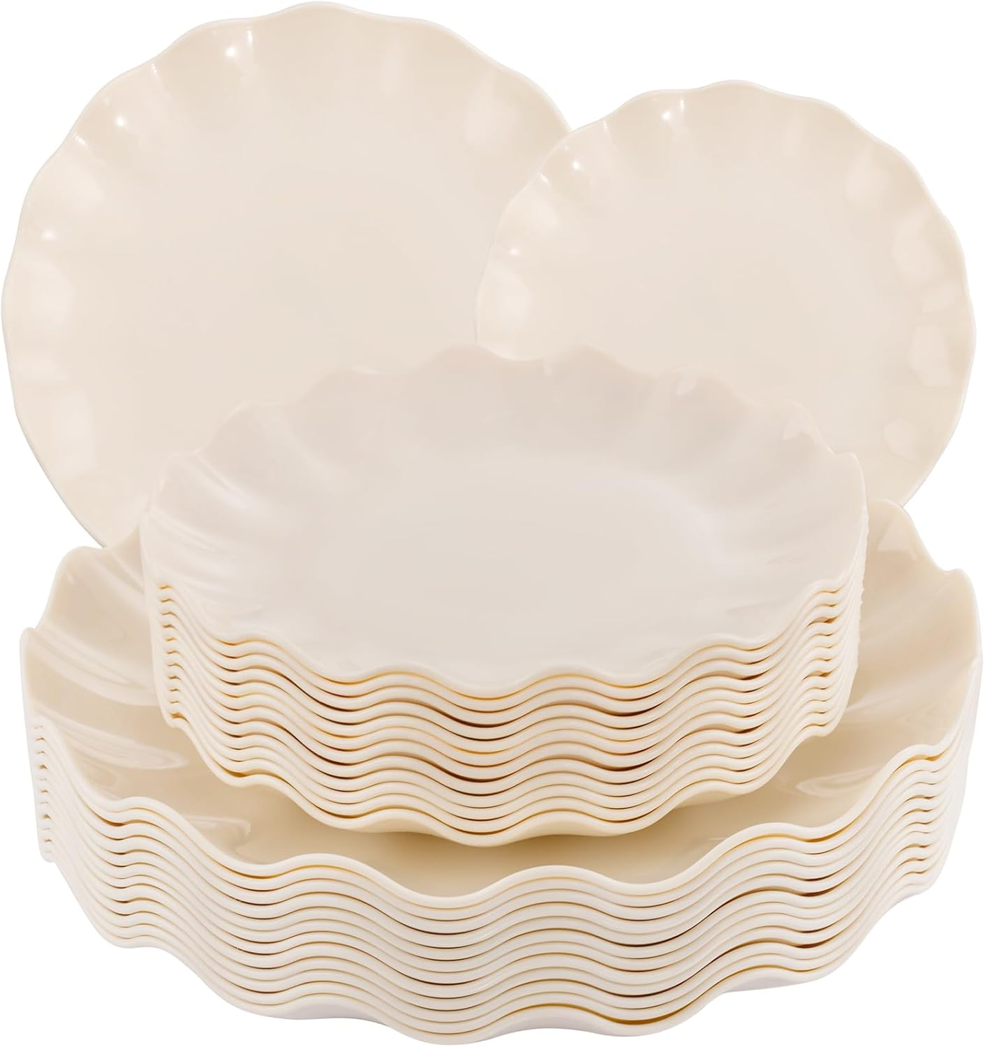 LIYH 24 Pcs Plastic Plates Reusable,Unbreakable Dinner Plates, Scalloped Plastic Plates, Dishwasher Safe,Ivory Plate Sets Perfect for Parties, Birthday, Picnics, BPA Free(12Guests)