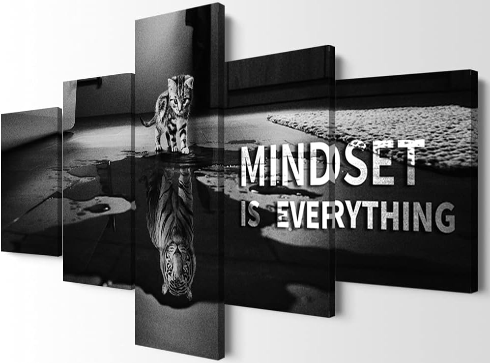 Mindset is Everything 5 Pieces Motivational Tiger Wall Art with Wooden Frame, Inspirational Quotes Poster for Office & Home Decor, Modern Motivational Wall Decor, Positive Office Art (50''W x 24''H)