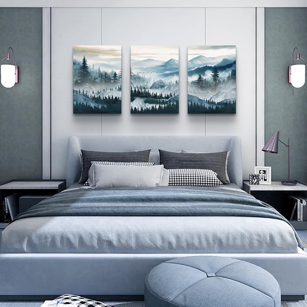 MHARTK66 Canvas Wall Art For Living Room Framed Wall Decor For Bedroom Office Decoration Fog Mountain Forest Posters Landscape Wall Painting Print Pictures Artworks Ready to Hang Home Decor 3 Piece