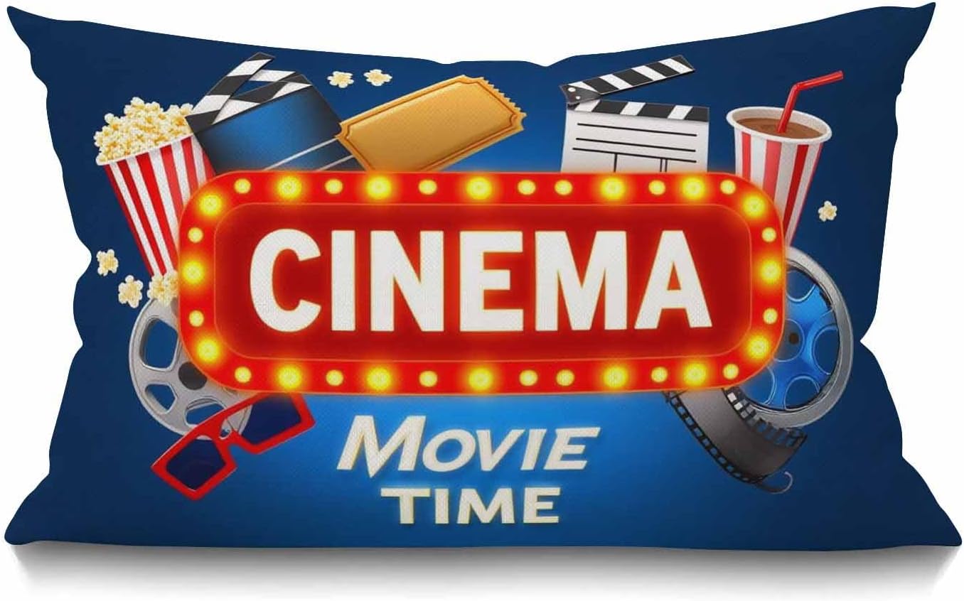Cinema Movie Time Throw Pillow Cover,Popcorn Drink Clapping Board and Other Objects On Cinematograph Lumbar Cotton Linen Throw Pillow case Cushion Cover for Sofa Home Decorative Oblong 12x20 Inches