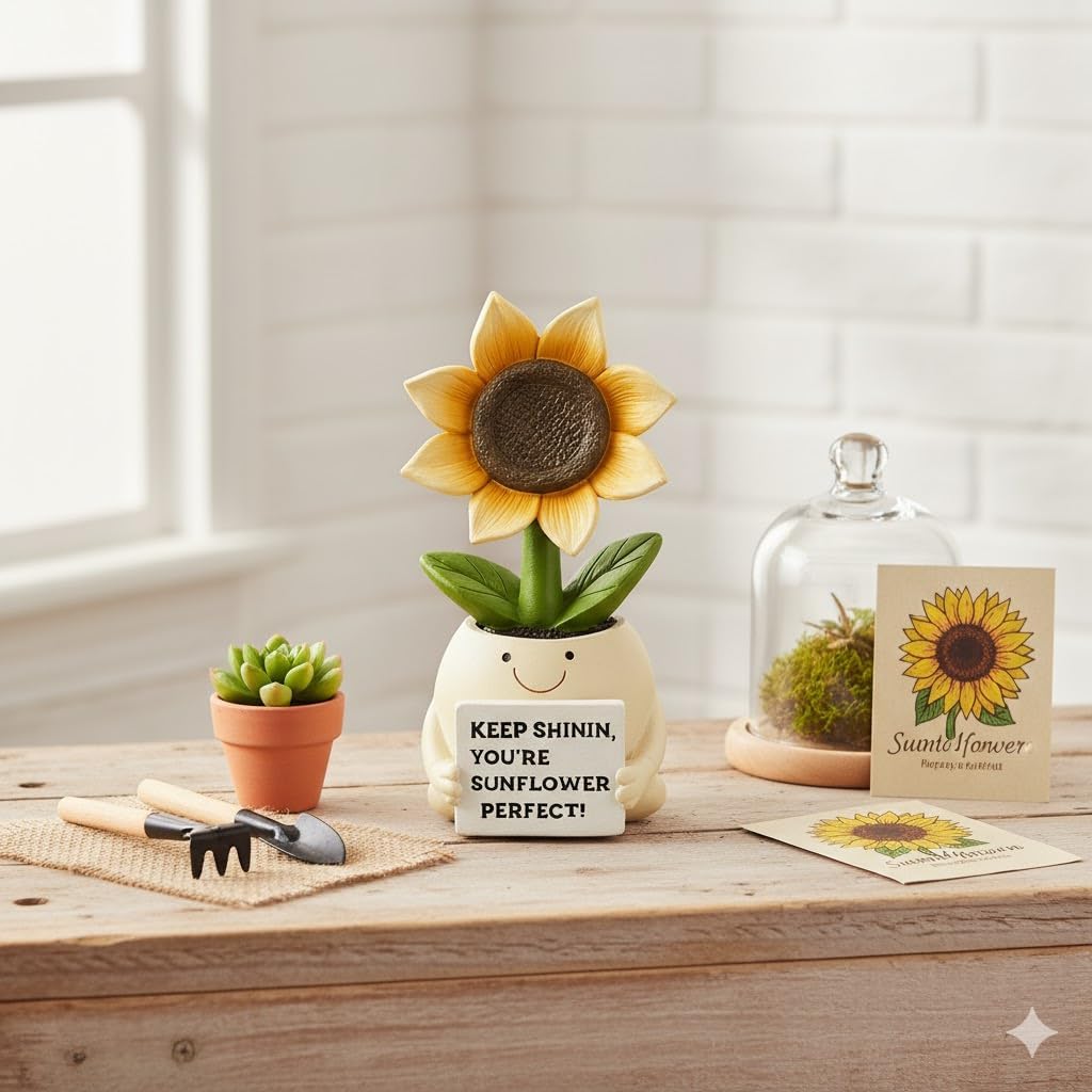 Inspirational Sunflower Gifts for Women Men, Keep Shining Resin Desk Decor, Cute Mini Plant Pot Figurine - Unique Thinking of You Encouragement Present for Coworker Friend Get Well Soon (Sunflower)