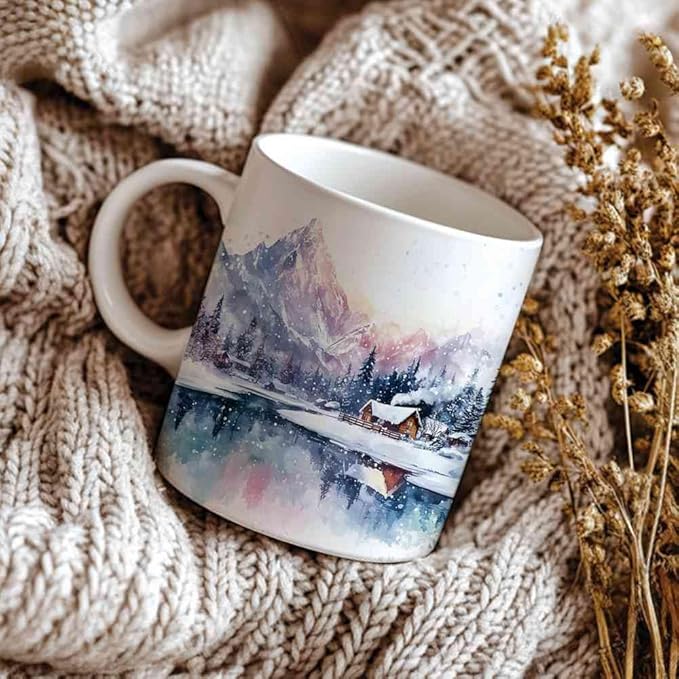 Winter Mountain Coffee Mug - Mountain Lover Mugs Gifts for Women Men - Birthday, Christmas Gift for Friend Mom Dad Wife Husband - Watercolor Printed 11oz Ceramic Mug