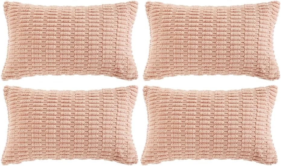 Fancy Homi 4 Packs Boho Pink Decorative Throw Pillow Covers 12x20 Inch for Living Room Couch Bed Sofa, Rustic Modern Farmhouse Home Decor, Soft Plush Corduroy Cute Square Cushion Case 30x50 cm