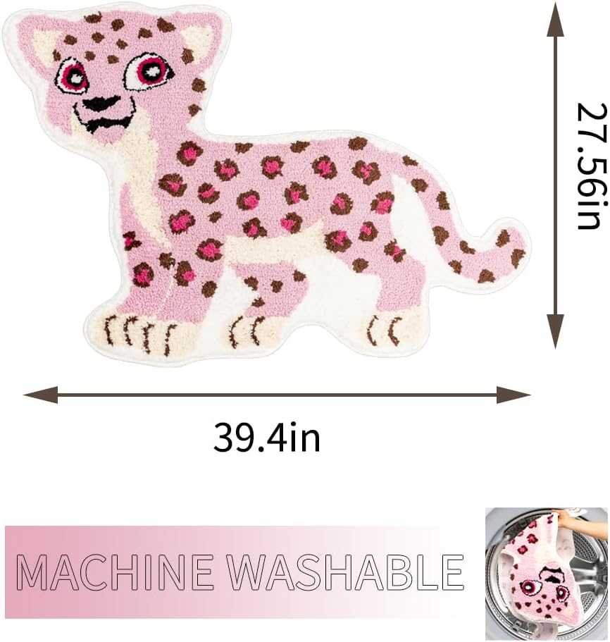 Fun Pink Leopard Bath Mat for Bathroom, Cute Leopard Cartoon Bath Rugs Non Slip Animal Shaped Absorbent Preppy Bathtub Rug Bathroom Decor Aesthetic Plush Shower Rugs Machine Washable 23.6x39.3in