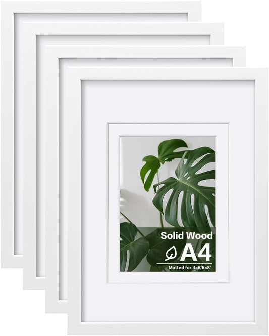 Egofine A4 Picture Frames Set of 4, Made of Solid Wood Covered by Plexiglass 4x6 and 6x8 with Mat or A4 whitout Mat, for Table Top Display and Wall Mounting Photo Frame White