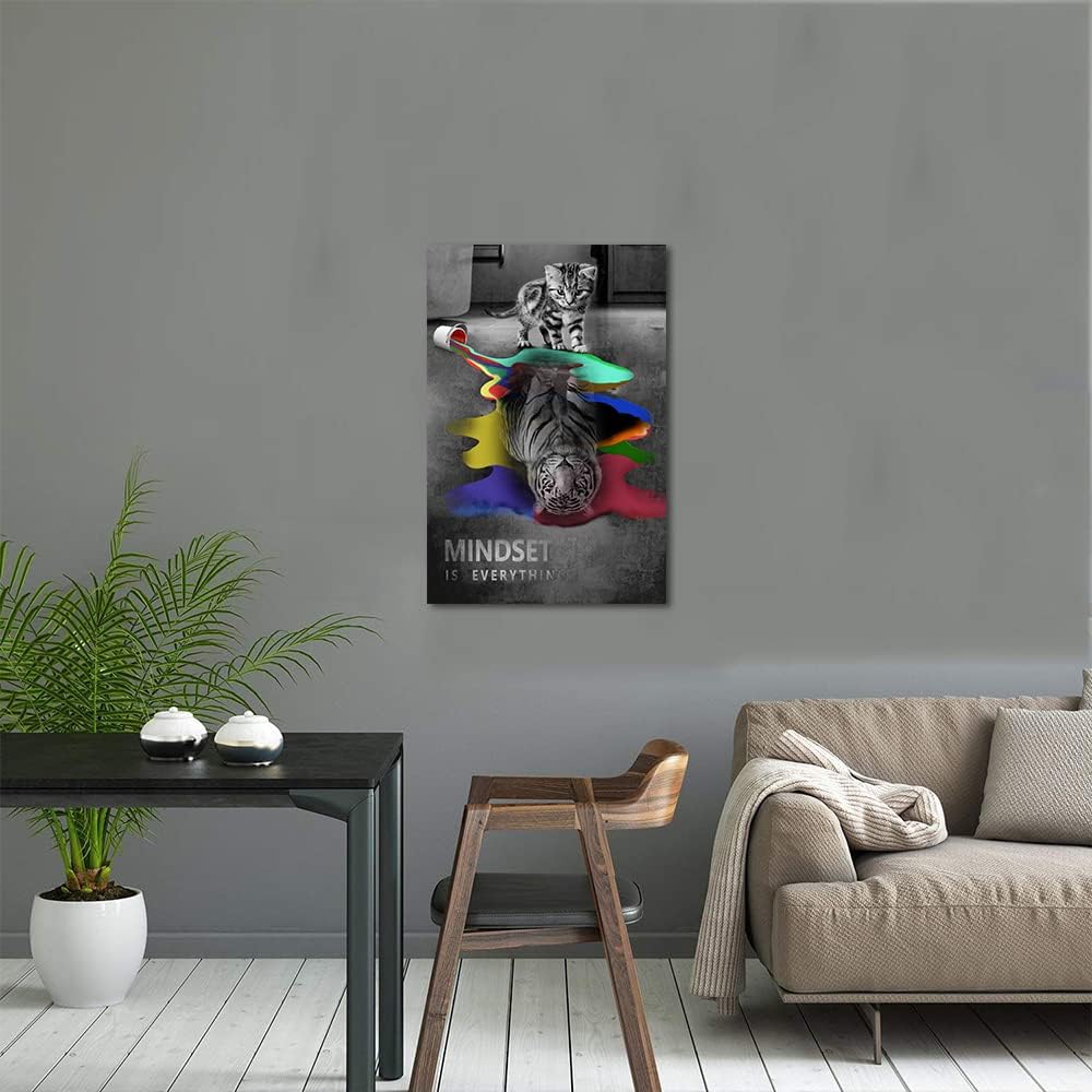 Colorful Animal Artwork Motivational Posters Canvas Wall Art Inspirational Prints Cute Cat Tiger Picture Mindset Is Everything Art Work Painting Home Decor for Classroom Dorms Office Decor-12"Wx16"H
