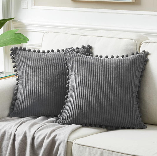 Fancy Homi Pack of 2 Dark Gray Decorative Throw Pillow Covers 26x26 Inch with Pom-poms for Couch Bed Living Room, Soft Corduroy Solid Square Cushion Case 66x66 cm, Farmhouse Boho Home Décor