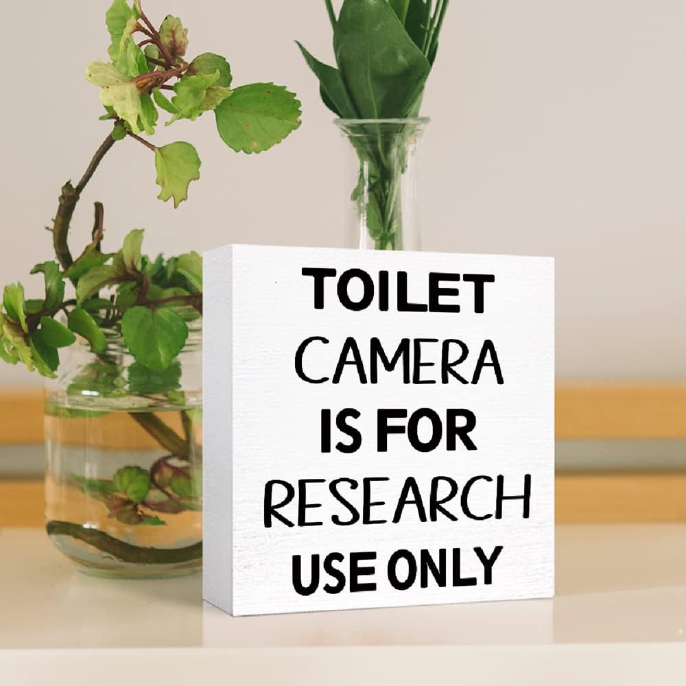 Funny Bathroom Wood Block Sign Toilet Camera is for Research Use Only Wooden Box Sign for Bathroom Shelf Toilet Restroom Tabletop Decor