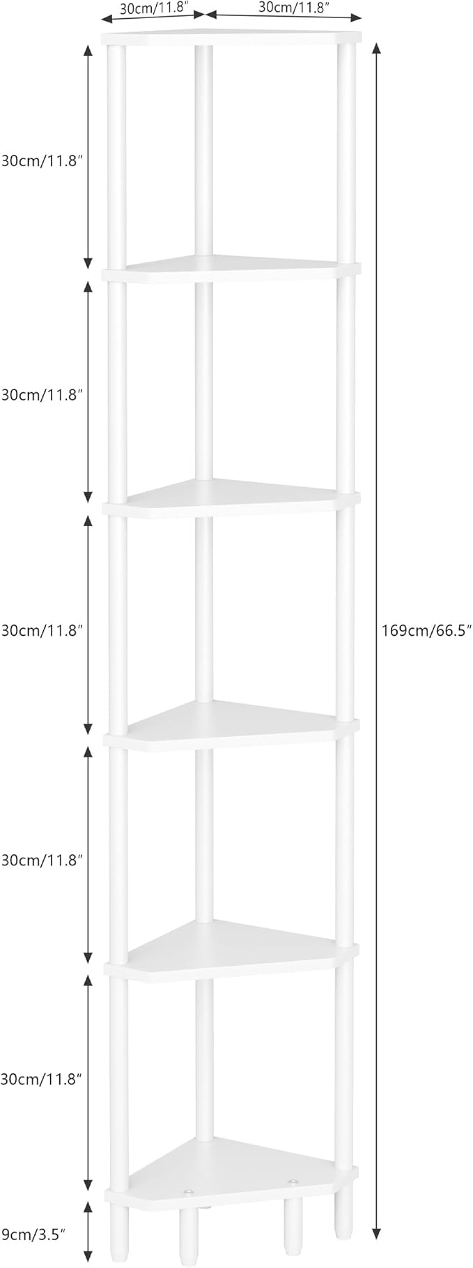 6 Tier Corner Shelf, 66.5'' Tall Standing Shelf, Narrow Display Shelf Stand, Modern Corner Bookshelf, Plant Stand, Corner Bookcase for Living Room, Bedroom, Bathroom, White LCS502W