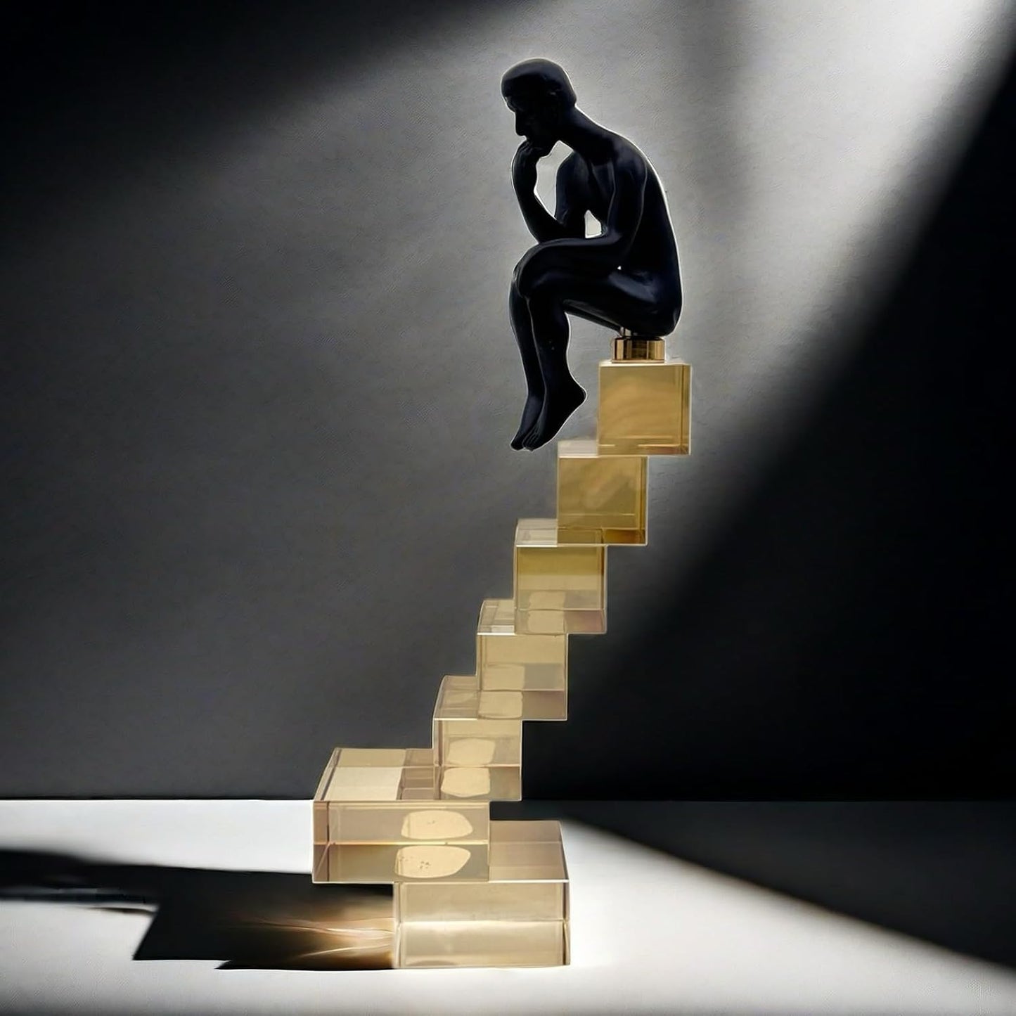 FUNSXBUG 12 Inch The Thinker Statue Thinking Man Statues Sitting on Crystal Glass Stairs Sculptures Collectible Figurine Home Decor Living Room Decoration