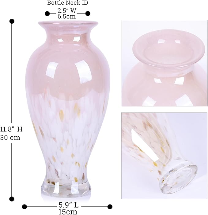 11.8" Tall Pink White Blown Glass Vase, Colorful Opaque Glass Vase, Unique Design Wide Mouth Art Decoration for Home, Living Room, Dining Table, Pampas Grass Decor (Pink White)