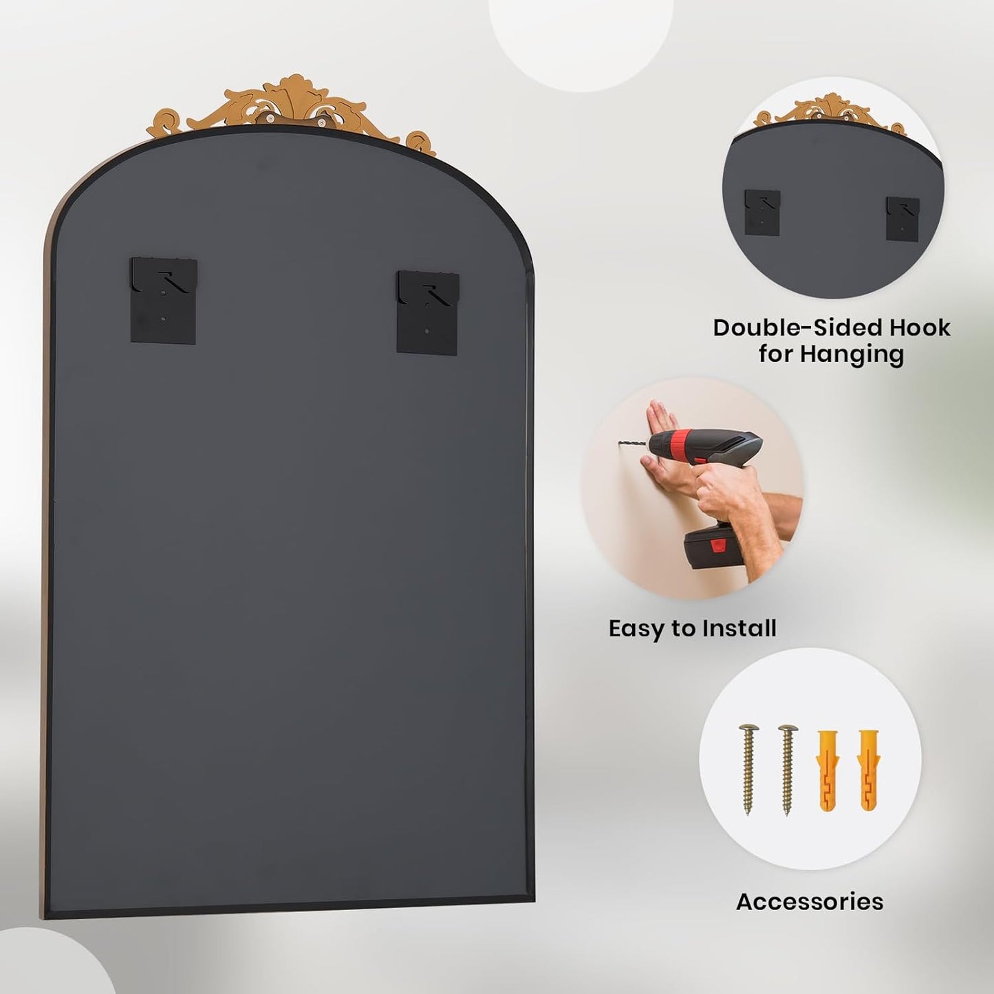 Filigree Arched Wall Mirror 26"x38" Retro Wall-Mounted Mirror with Vintage Ornate Carved Applique Hanging Leaning Antique Home Decor Mirror for Fireplace Living Room Entryway Hallway Bathroom, Gold