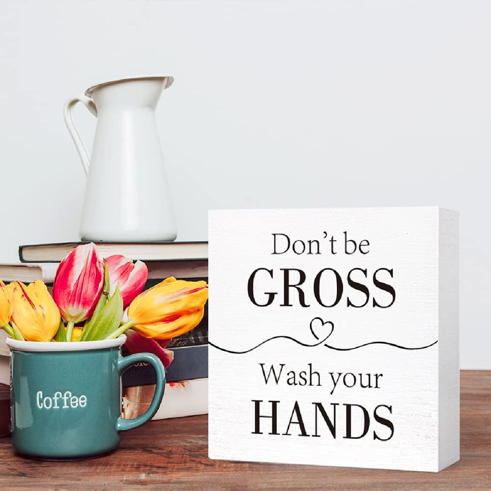 Funny Wood Sign 'Don't Be Gross' - Wash Hands, Wooden Block Sign for Bathroom, Toilet, Restroom, Home Decor