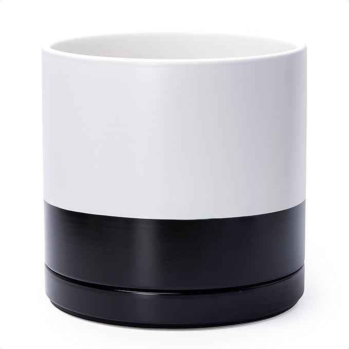 D'vine Dev 12 Inch Ceramic Planter Pot with Drainage Hole and Saucer, Indoor Cylinder Round Planter Pot, Layered Monochrome Black & White, 94-O-F-L