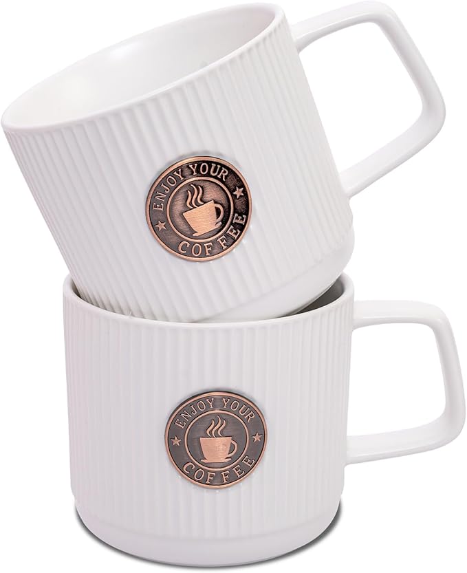 Topadorn Ceramic Coffee Mug 13 Oz Embossment Cups for Latte, Hot Tea, Cappuccino, Mocha, Cocoa, Office Coffee Mug with Gift Box, Set of 2