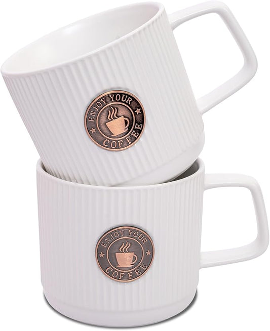 Topadorn Ceramic Coffee Mug 13 Oz Embossment Cups for Latte, Hot Tea, Cappuccino, Mocha, Cocoa, Office Coffee Mug with Gift Box, Set of 2