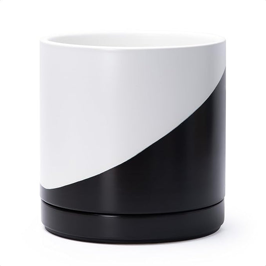 D'vine Dev 10 Inch Ceramic Planter Pot with Drainage Hole and Saucer, Indoor Cylinder Round Planter Pot, Oblique Monochrome Black and White, 94-O-E-K