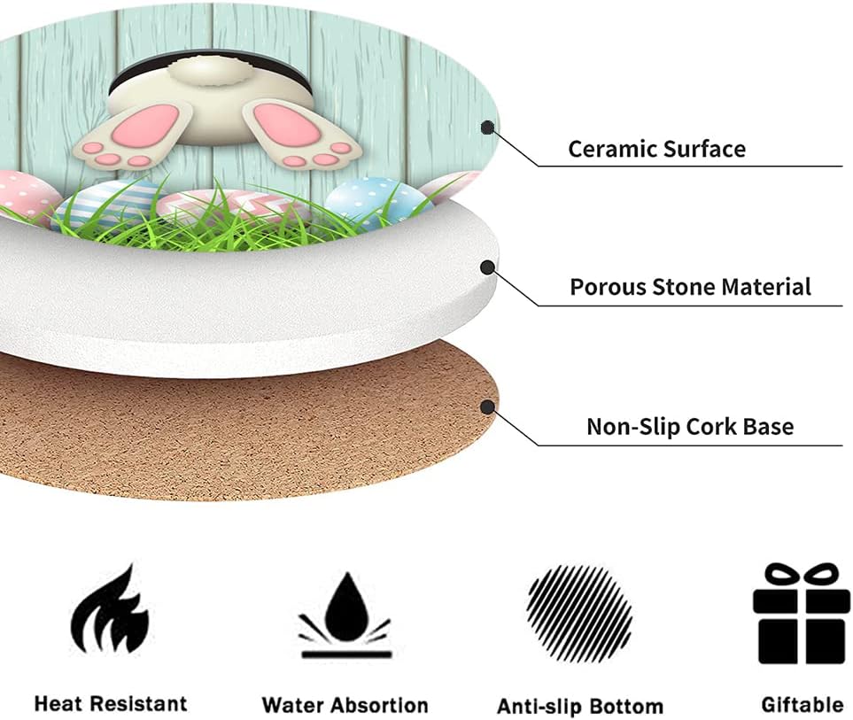 LOKMU Coasters for Drinks,Round Absorbent Ceramic Stone Coaster Sets of 6 with Metal Holder Stand,Bunny Bottom and Easter Eggs Coasters with Cork Base for Coffee Wooden Table,Housewarming Gifts