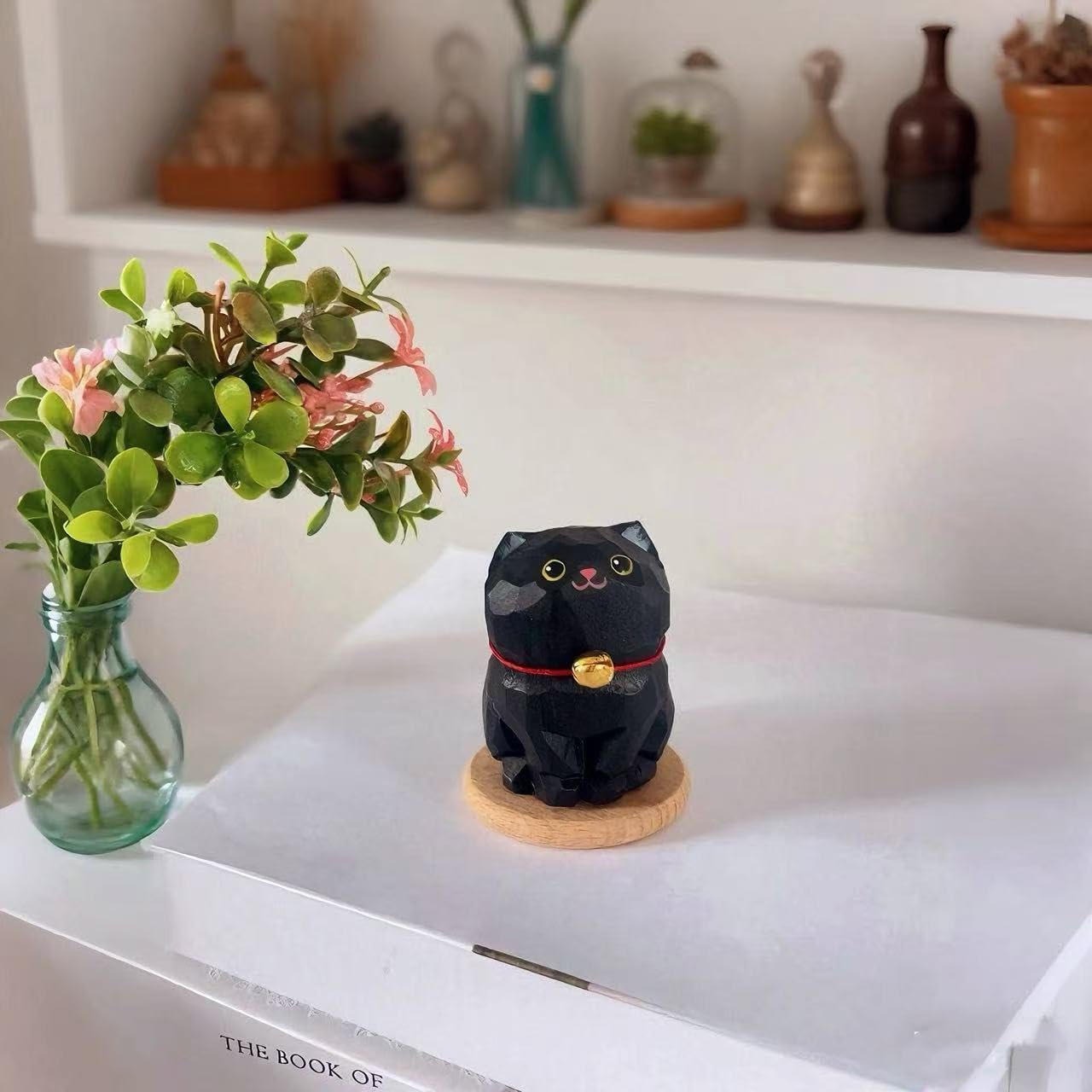 Hand Carved Wooden Black Cat Figurines – 2PCS Small Painted Cat Statues with Base, Cute Desk or Shelf Decor, Collectible Eco-Friendly Pet Figurines, Unique Handmade Gifts for Cat Lovers