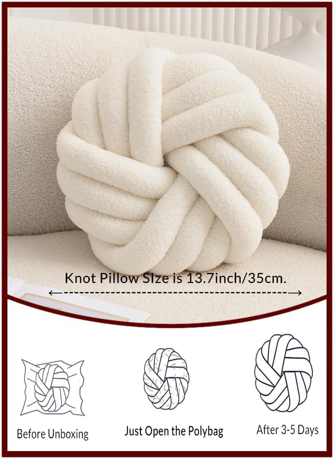 Cream White Knot Pillow 13.7'' Round Throw Pillow Soft Plush Knot Ball Pillow Handmade Knotted Pillow Modern Home Decorative Knotted Pillow Cushion for Bed Bedroom, Sofa, Couch