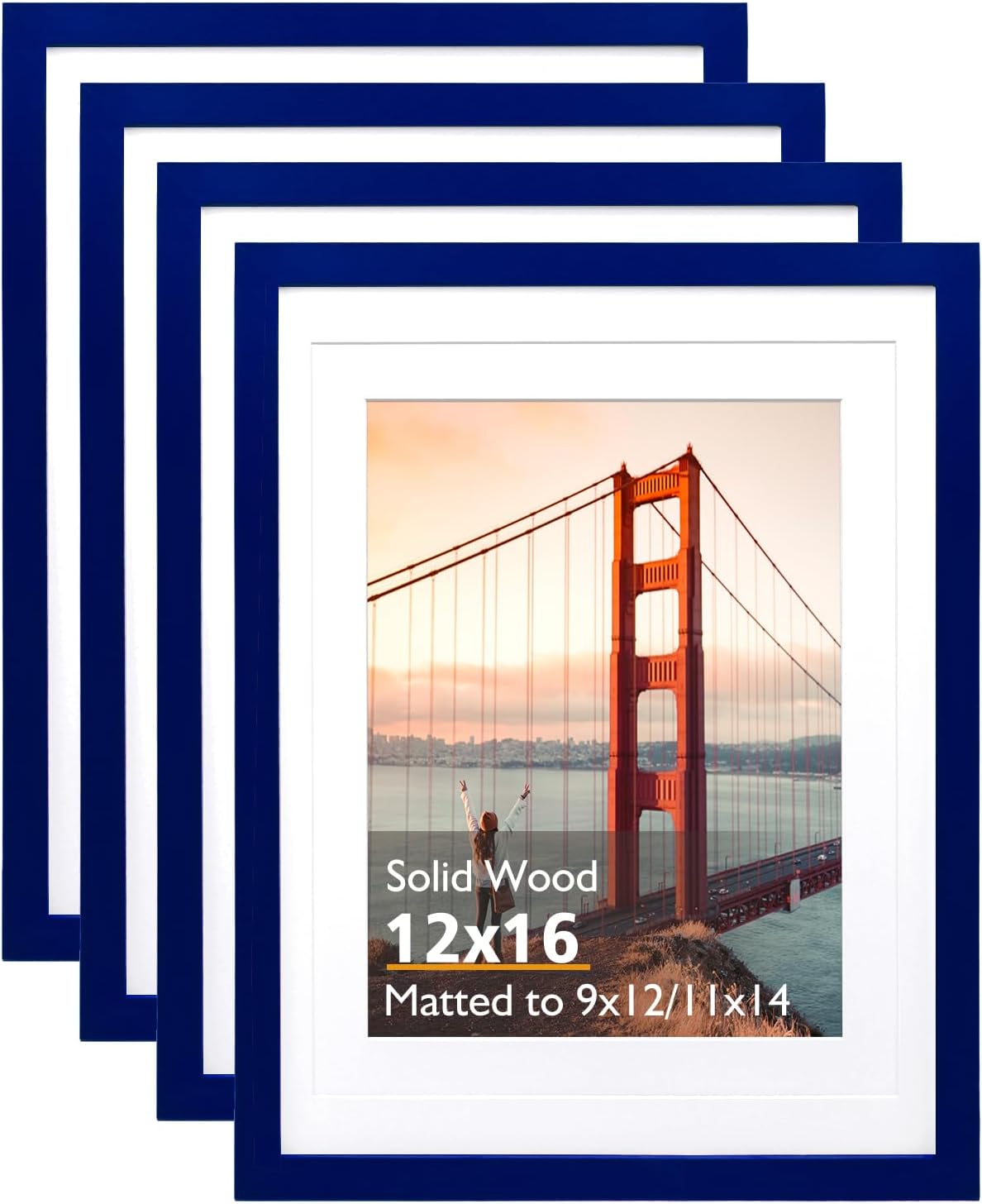 KINLINK 12x16 Picture Frame Navy, Solid Wood Frames with Acrylic Plexiglass for Pictures 11x14/9x12 with Mat or 12x16 without Mat, Wall Display Photo Frame, Set of 4