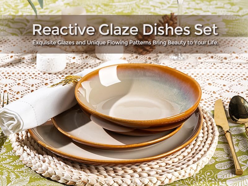 LeRatio Ceramic Dinnerware Sets for 4,Wavy Reactive Glaze Stoneware Plates and Bowls Sets,Highly Scratch Resistant | Dishwasher & Microwave,Oven Safe Dishes Set(12PCS)
