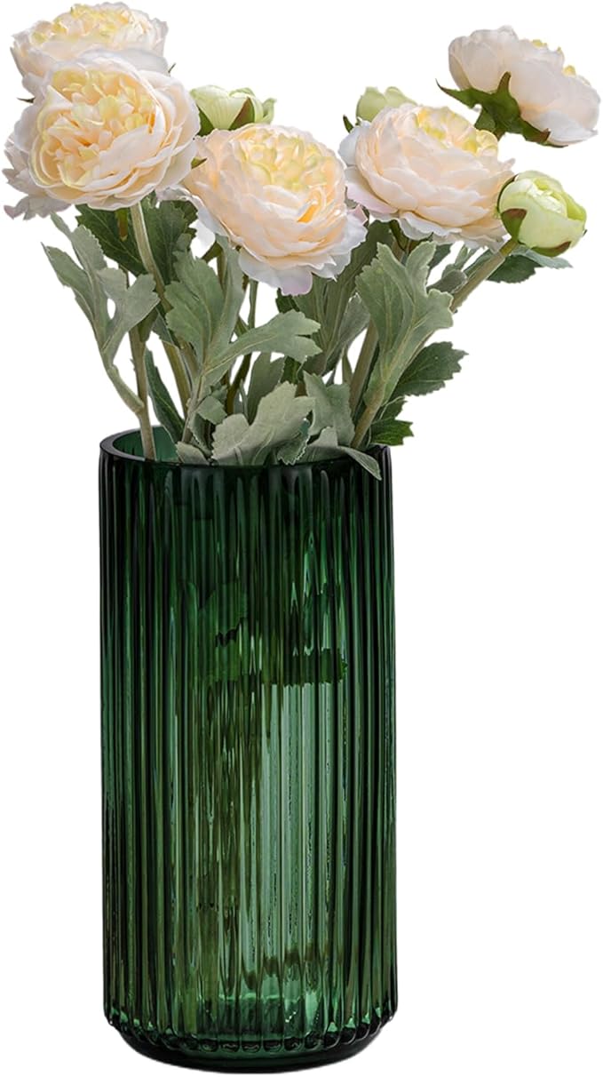 Ekirlin Green 7.5 inch Flower Vase for Home Decor, Thickened Hand Blow Glass Vase Round Vintage Striped Bottles for Bookshelf, Dinner Table, Indoor, Office, Desktop, Meeting Room, Bathroom, Best Gift
