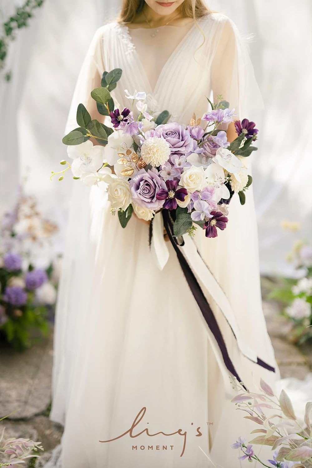 Ling's moment Purple Bridal Bouquet, 15 Inch Lilac Wedding Bouquets for Bride, Silk Free Form Bridal Bouquets for Wedding, Ceremony, Anniversary, etc.