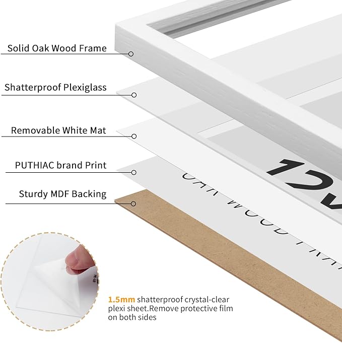 12x12 White Oak Wood Picture Frame - Minimalist 12x12 Poster Frame, 12"x12" Picture Frame Wood, Natural Solid Wooden Picture Frames for Wall Art Photo and Prints (1 Pack, White)