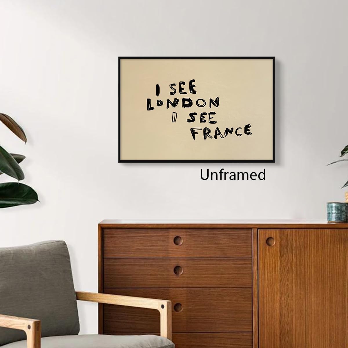 Funny Bathroom Canvas Wall Art, I See London I See France Black and White Poster, Quirky Humorous Typography Print Above Toilet, Minimalist Bathroom Horizontal Wall Decor 8x12in Framed