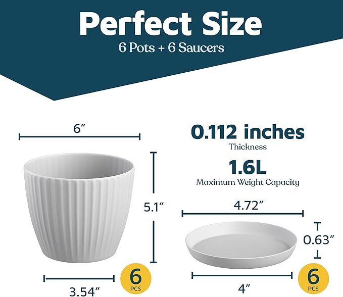 White 6-Inch Plant Pots with Drainage & Saucers 6 Pack, Indoor & Outdoor Planters for Houseplants, Herbs, and Flowers, Durable & Weatherproof Material, Stackable, Lightweight, Minimalist Design