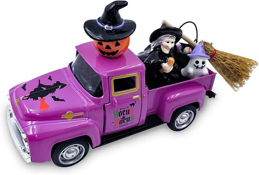 Witch Halloween Decor Indoor Vintage Metal Truck with Mini Witches Pumpkin Cauldron Ghost Figures Purple Hocus Pocus Tiered Tray Decor Halloween Witch Table Decorations for Home Kitchen Mantel Shelf