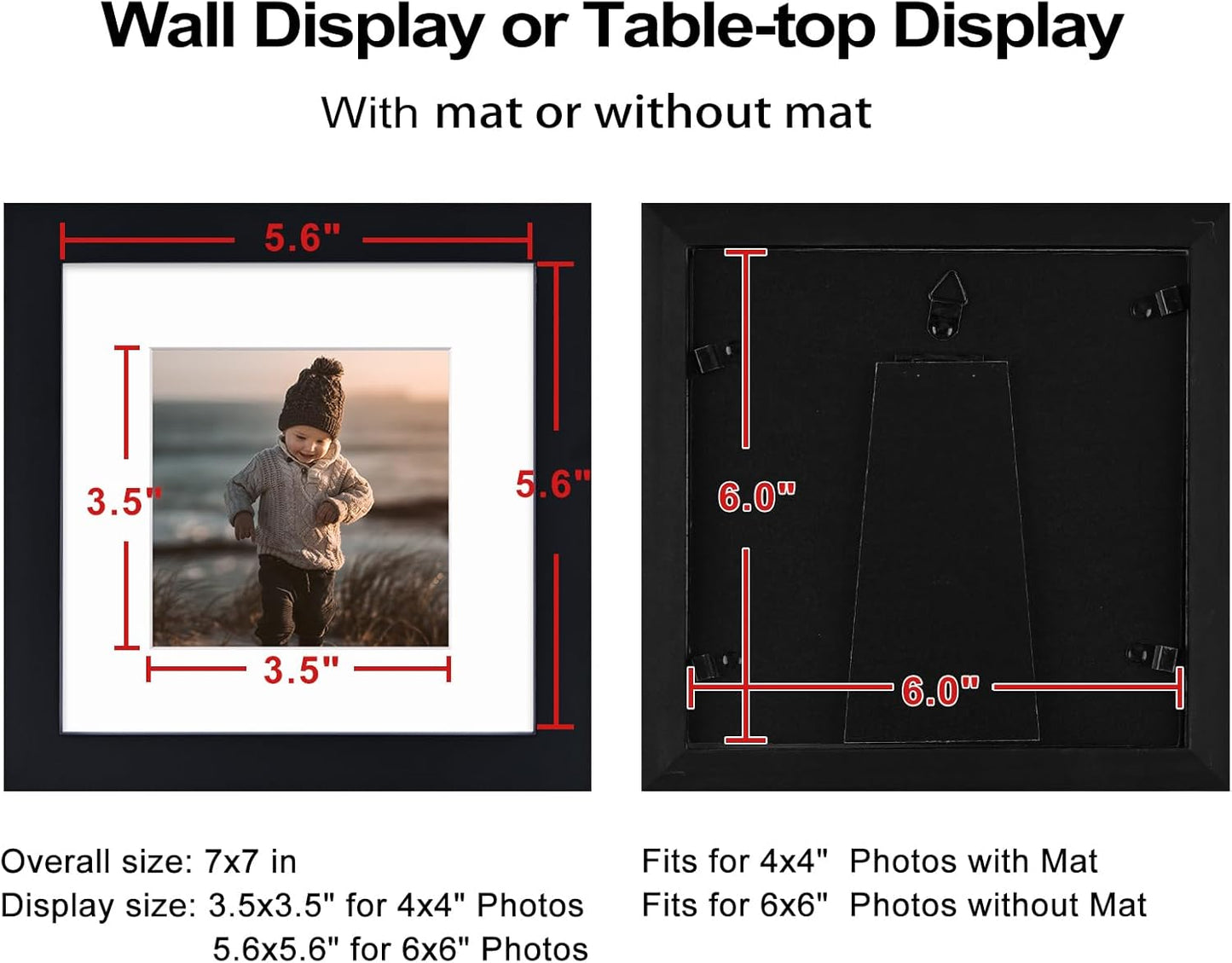 KINLINK 6x6 Picture Frame, Black Square Solid Wood Frames for Pictures 4x4 with Mat or 6x6 without Mat, Wall and Tabletop Display Photo Frames Black 4 Pack